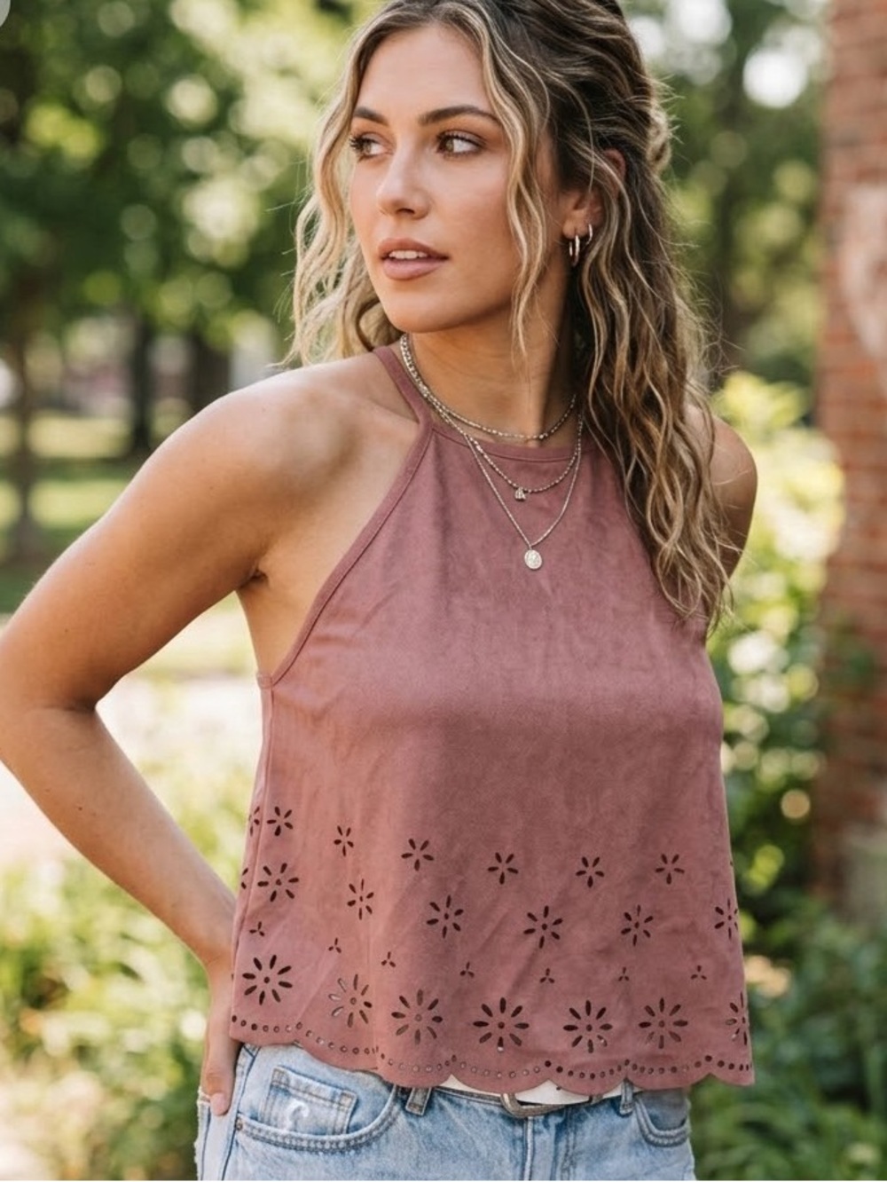 Wet Seal Faux Suede Cutout Halter Crop Top Small Mauve Pink Boho Festival